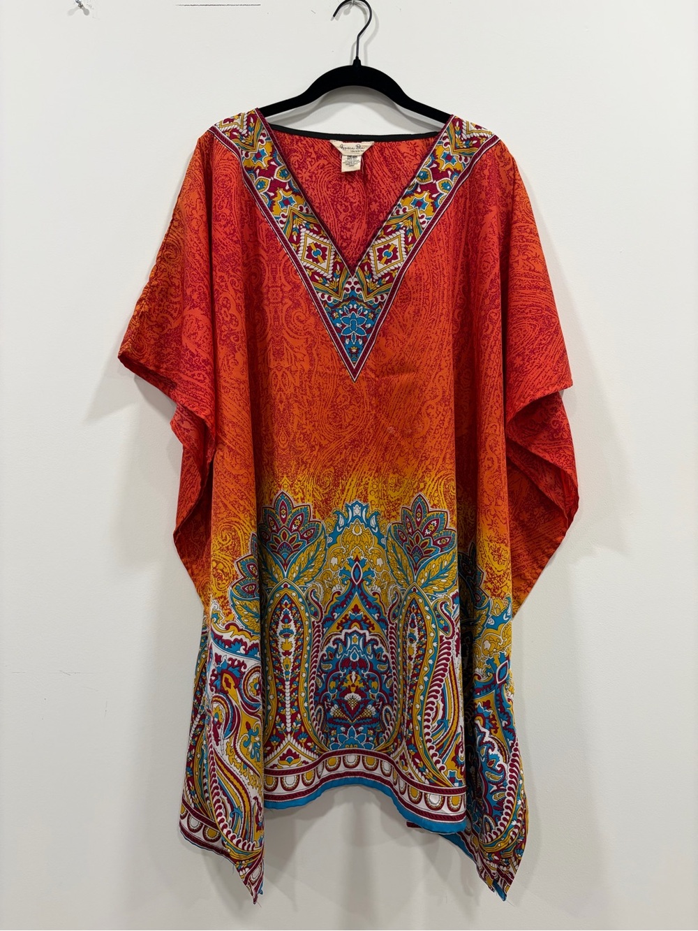 Gypsie Blu Orange Paisley Caftan Tunic One Size Boho Kimono Beach Cover Up